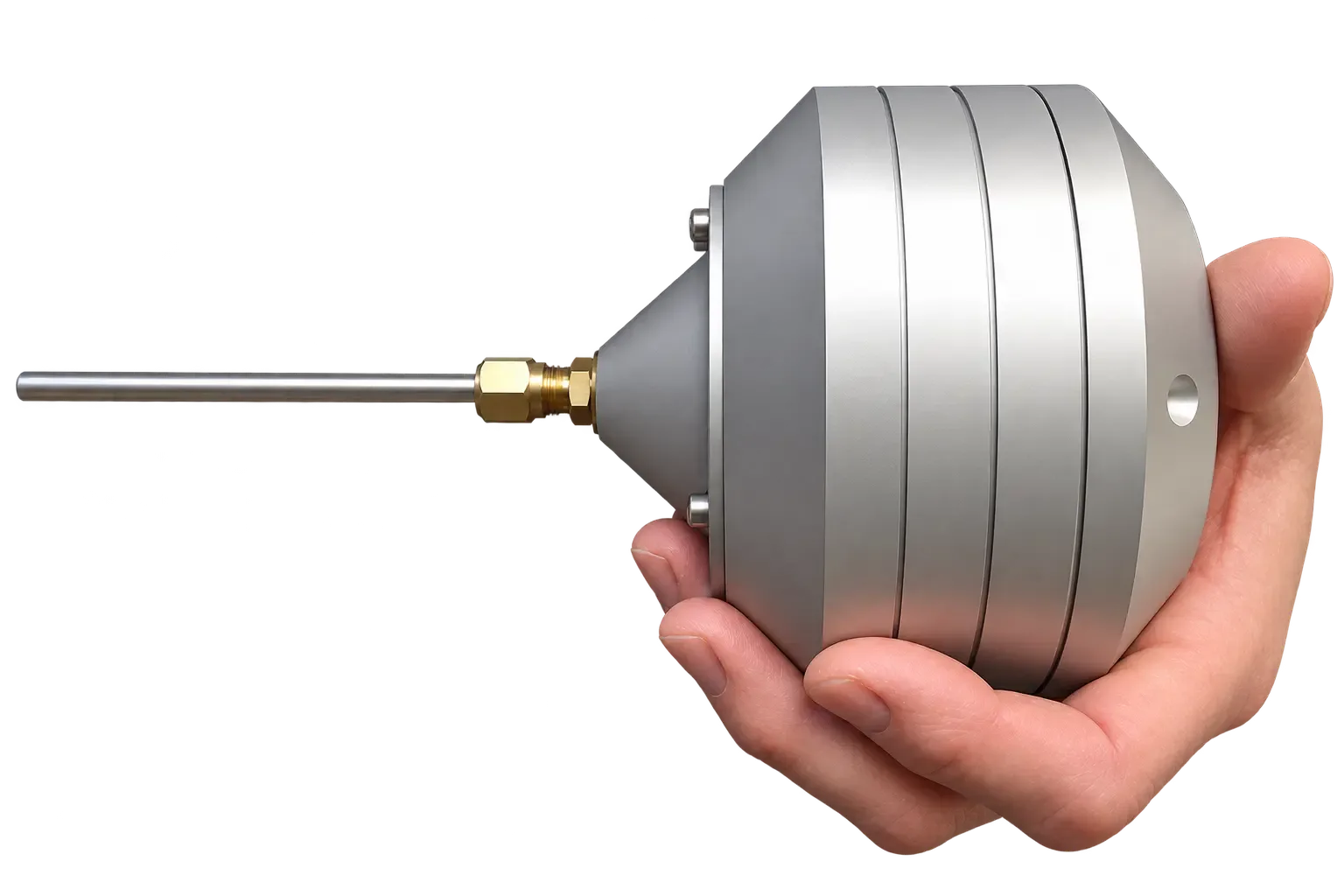 The second-generation unit held in one hand: a domed, finned aluminium enclosure about the size of a grapefruit, with a slim probe stem entering the front through a brass compression fitting.