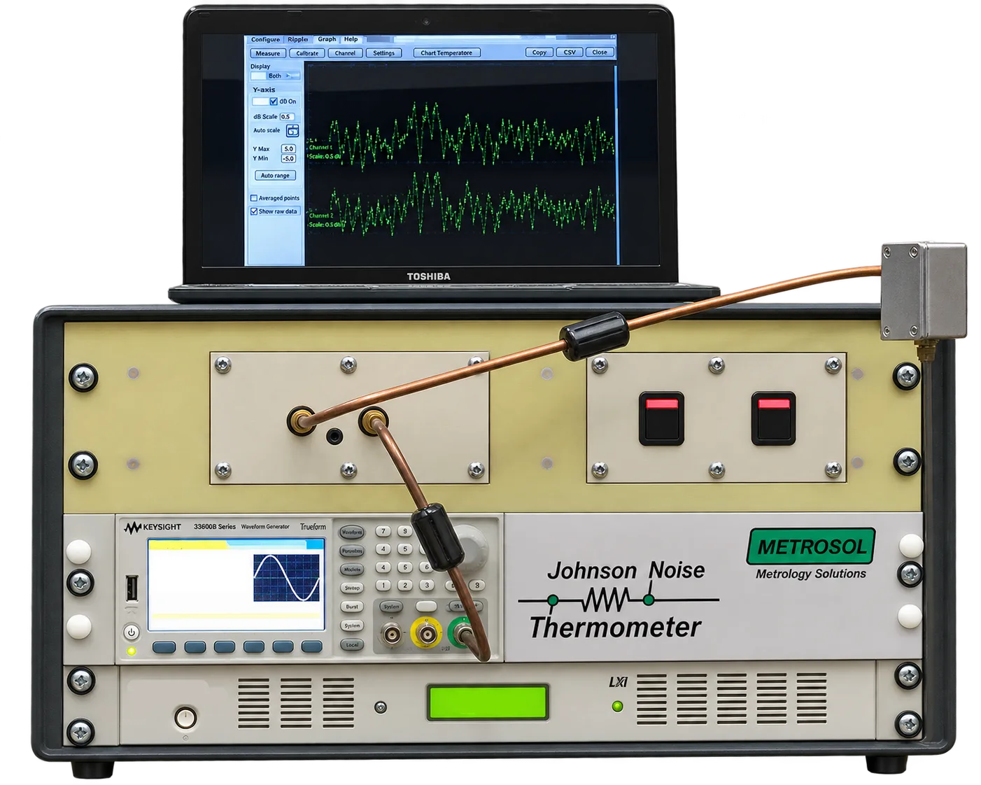 The proof-of-principle thermometer: a rack chassis carrying a Metrosol Johnson Noise Thermometer front panel and a commercial waveform generator, with a copper coaxial lead in ferrite sleeves running out to a steel probe head, and a laptop above it showing two channels of noise waveform.