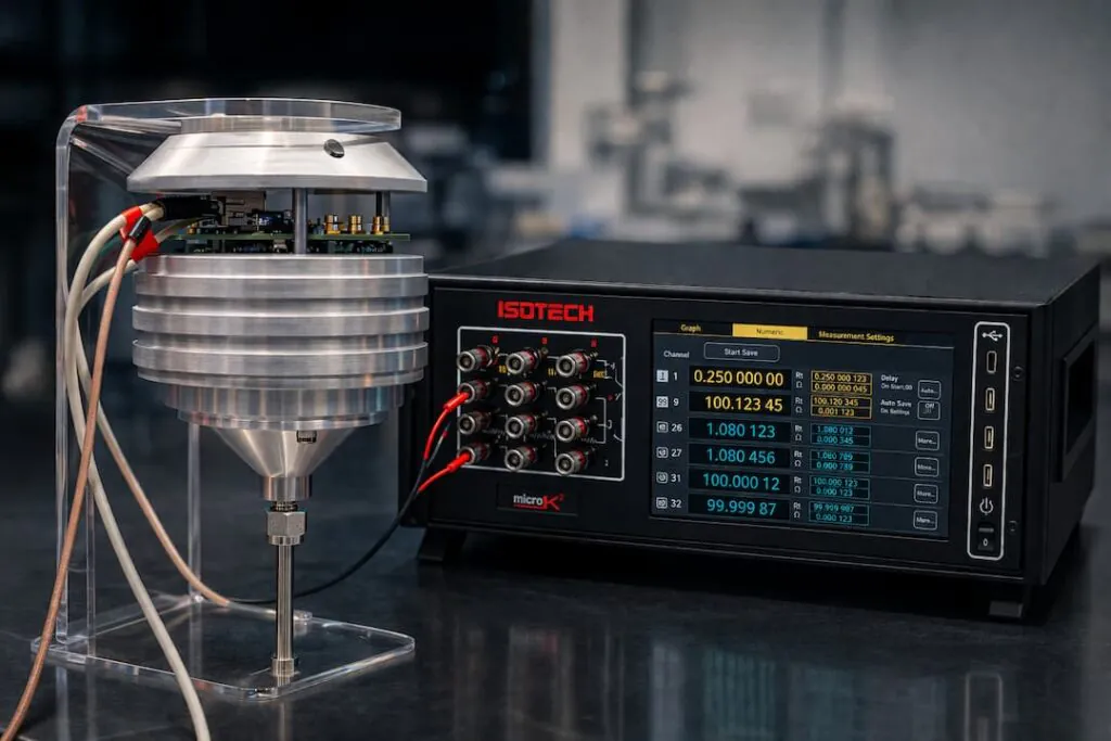 The Johnson noise thermometer on a bench beside an Isotech microK bridge, its finned enclosure mounted on a clear stand with a sheathed probe running down from a brass fitting into the workspace below.