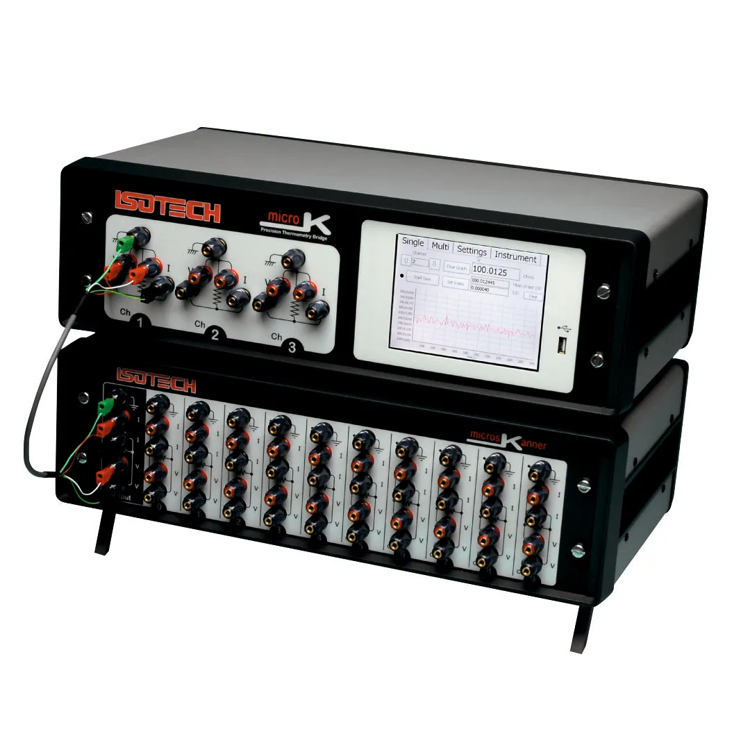 An Isotech microK precision thermometry bridge stacked on a microsKanner channel-expansion unit, connected by cable, with the bridge's touchscreen showing a channel reading of 100.0125 ohms above three channel groups labelled Ch 1, Ch 2 and Ch 3.