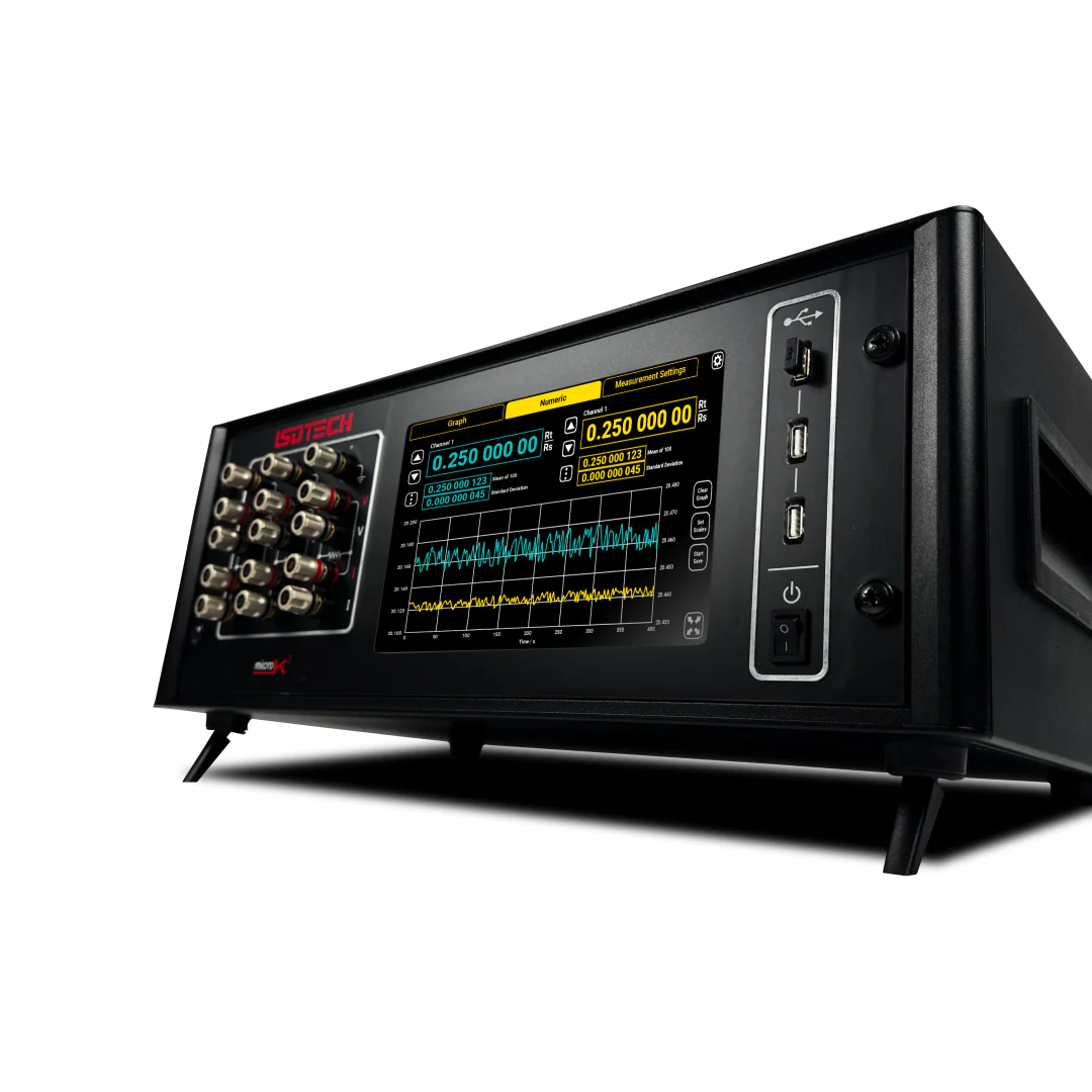 An Isotech microK² thermometry bridge in a black case, angled, with input terminals on the left, a wide colour touchscreen showing two channels reading 0.250 000 00 above a live trend graph, and USB ports on the right.