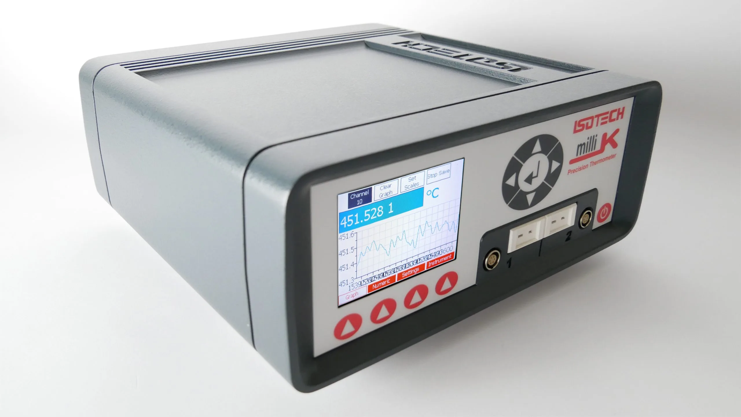 An Isotech milliK precision thermometer in a grey moulded case, angled, with a colour screen showing a channel reading 451.528 1 °C and a trend graph, two input connectors to the right.