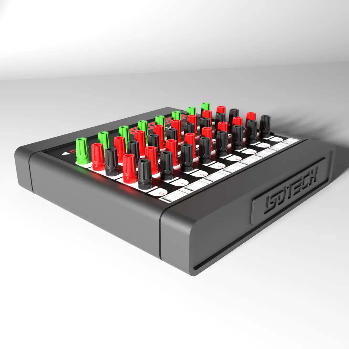 An Isotech millisKanner channel-expansion unit in a low black case, angled, with rows of green, red and black input terminals across its top panel above numbered channel labels, and the Isotech name moulded into the front.